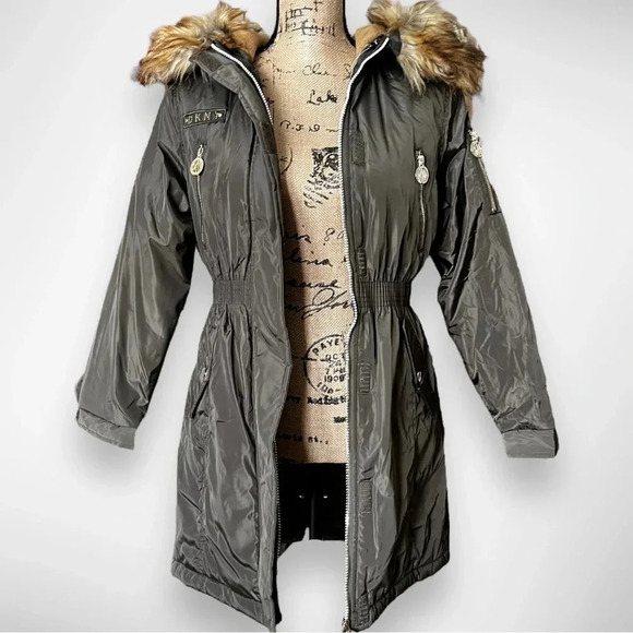 DKNY Girls Olive Green‎ Stadium Parka Cinched Waist Faux Fur Trim Large | NWT - Picture 1 of 14